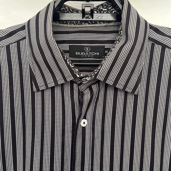 Bugatchi Uomo Dot Stripe Button Up Black Mens Shirt Sz XL Long Sleeve Contrast - Picture 2 of 12
